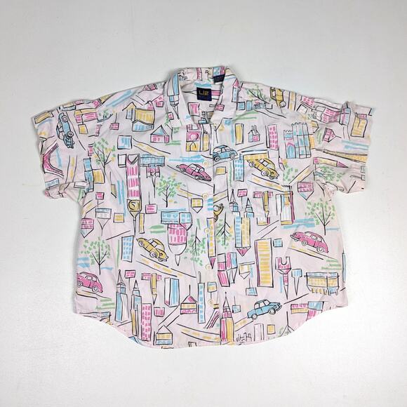 Vtg Liz Kids Shirt Boys Sz 7-8 90s Button Down City Cars All Over Print Retro - Picture 1 of 8